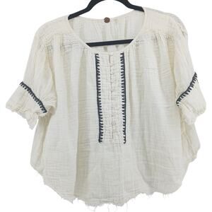 Free People Stitched Oversized Gauze Blouse XS Cottage Boho Renaissance Coastal
